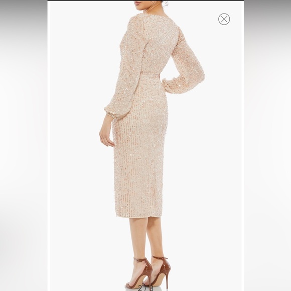 Mac Duggal Nude Sequin Long Sleeve Cocktail Midi Dress Size 4 Small - Picture 2 of 7